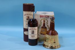 A bottle of Bells Scotch whiskey and a bottle of Aberlour single malt 100 proof