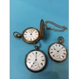 A silver pocket watch and two others and a small silver chain