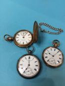 A silver pocket watch and two others and a small silver chain