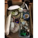 A tray of assorted china and cutlery