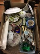 A tray of assorted china and cutlery