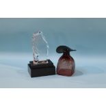 A boxed Val. Saint Lambert clear glass sculpture and stand and a shaped coloured glass vase (2)