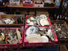 Five trays of tea china and cutlery etc.