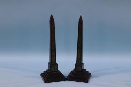 A pair of Victorian slate and inset malachite obelisks, 31cm height