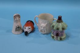 A small Staffordshire Pastille burner cottage, a Fox stirrup cup and two pieces of Goss china, '