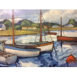 Leslie Woollaston (1900-1977), oil on board, labelled verso, 'Boats in a harbour', 44cm x 49cm