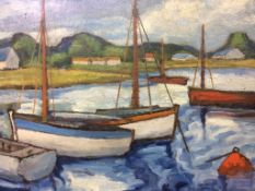 Leslie Woollaston (1900-1977), oil on board, labelled verso, 'Boats in a harbour', 44cm x 49cm