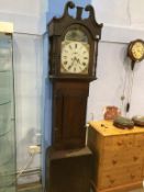 An oak long case clock by Robert Johnson of Darlington, with painted dial, two subsidiary dials