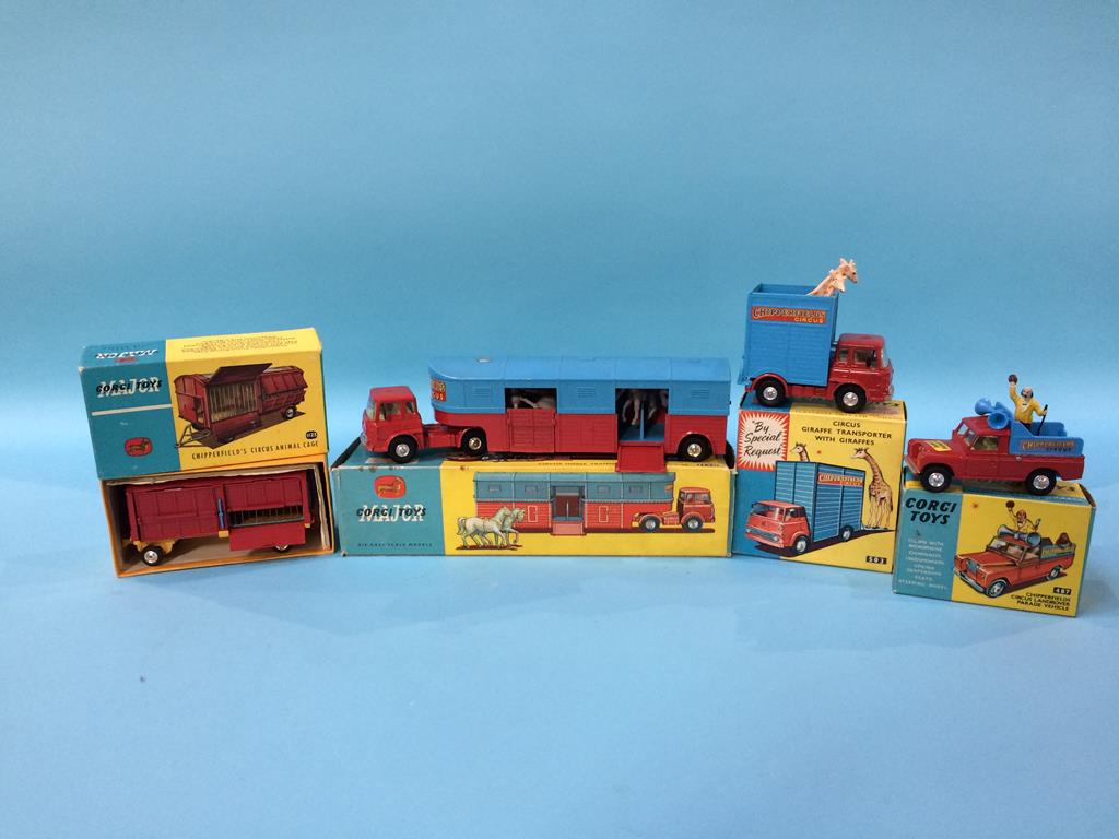 A Corgi 1123 Animal Cage, a 487 Land rover, a 503 Giraffe Transporter, and a 1130 Horse