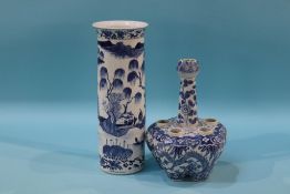 A Chinese blue and white flower vase and a Chinese blue and white tall cylindrical vase, 24cm and