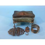 A silver lidded box, silver belt buckle etc.