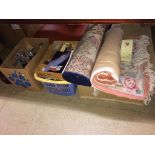 Three boxes of assorted and two rugs