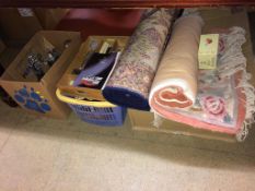 Three boxes of assorted and two rugs