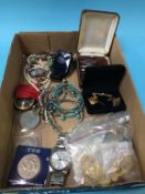 Tray of assorted costume jewellery, 9ct gold brooch etc.