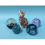 A Royal Crown Derby 'Cat' and four paperweights