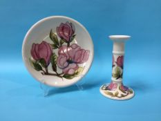 A modern Moorcroft dish and a candlestick