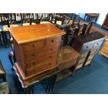 A nest of tables, mini chest of drawers, a work box and side cabinet