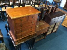 A nest of tables, mini chest of drawers, a work box and side cabinet