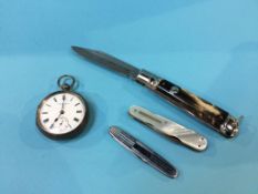 A silver pocket watch and various penknives