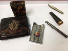 A silver penknife, tortoise shell cigarette case etc.