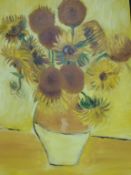 A large oil on canvas, sunflowers, after Van Gough, 99 x 240cm