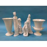 Four Spode figures and two Wedgwood vases