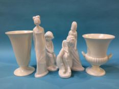 Four Spode figures and two Wedgwood vases