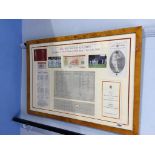 A framed Lords 100th test commemorative reproduction score card 84 x 61cm, etc.