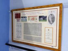 A framed Lords 100th test commemorative reproduction score card 84 x 61cm, etc.