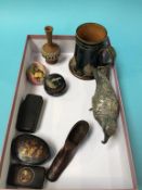 A tray of assorted, to include snuff boxes, Royal Doulton mug and an inkwell etc.