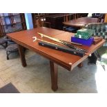 A teak snooker / dining table, slate bed and accessories. Table top 190 x 114cm