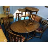 An oak barley twist gateleg table, chairs and an occasional table