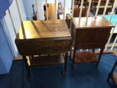 An oak trolley and a mahogany bedside cabinet