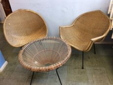 Two Conran style wicker chairs and coffee table