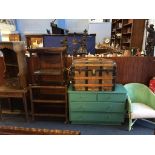 A Lloyd Loom chair, trunk, two trolleys and a painted chest of drawers etc.