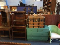 A Lloyd Loom chair, trunk, two trolleys and a painted chest of drawers etc.