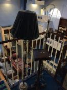 An Old Charm oak pedestal and two lamps