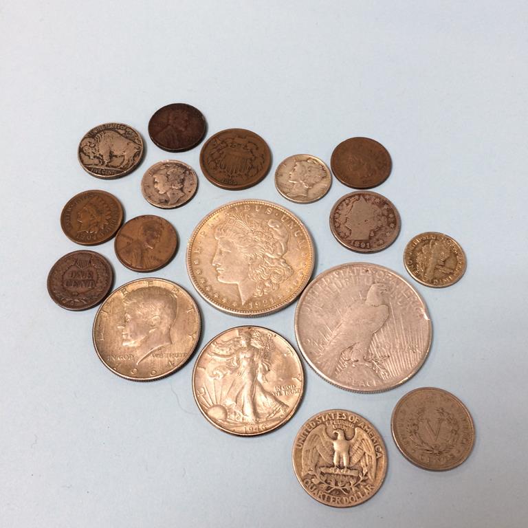 Various American coins including silver dollars