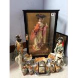 A cased Japanese doll and various figures