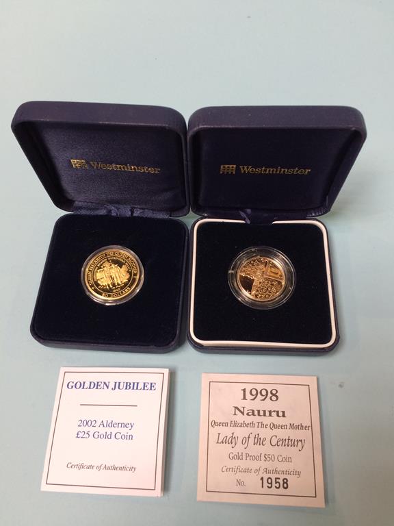 A 1998, $50 14ct gold coin, weight 7.776g and a 2002 £25 Alderney, 22ct gold coin, weight 7.98g