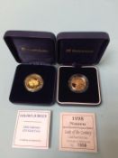 A 1998, $50 14ct gold coin, weight 7.776g and a 2002 £25 Alderney, 22ct gold coin, weight 7.98g