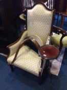 A marble top half moon table, an Edwardian armchair and an occasional table