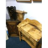 An oak corner cabinet, pine delft rack and washstand etc.