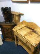 An oak corner cabinet, pine delft rack and washstand etc.