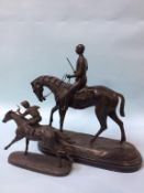 A modern bronze of a horse and jockey and a smaller model (2)