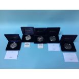 Five Westminster Silver Proof Commemorative coins, each weighing 5oz