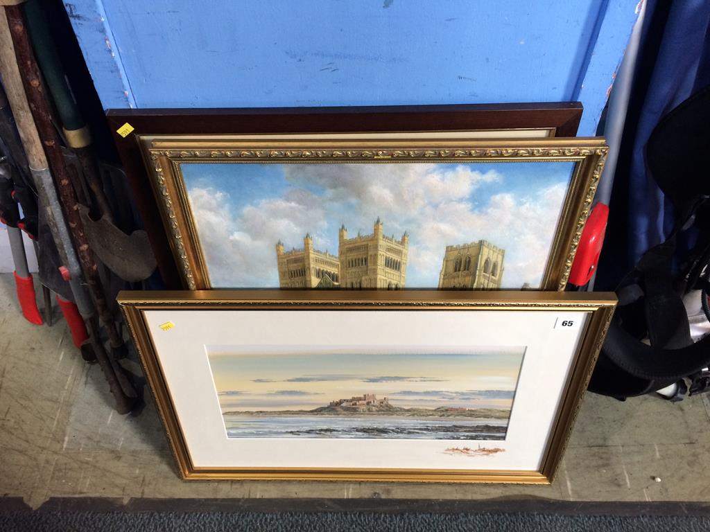 Alan Morgan, oil on board, 'Bamburgh Castle', an oil of Durham Cathedral and a print of Durham