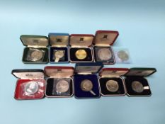 Ten various boxed sterling silver coins