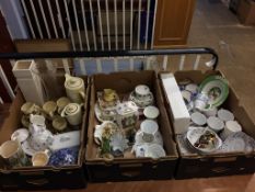 Three trays of china and glass, to include a Royal Crown Derby paperweight