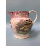 A Sunderland pink lustre jug, 'A Frigate in full sail', 19cm height